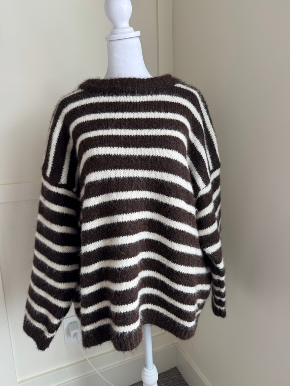 QED London Brown and Cream Striped Crewneck Sweater